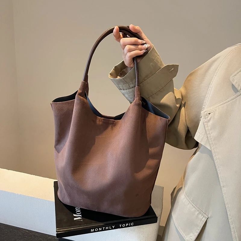 Tote Bag Faux Suede Magnetic Closure Shoulder Bag for Women Solid Hobo Bag Top-handle Bag for Work Travel 250103