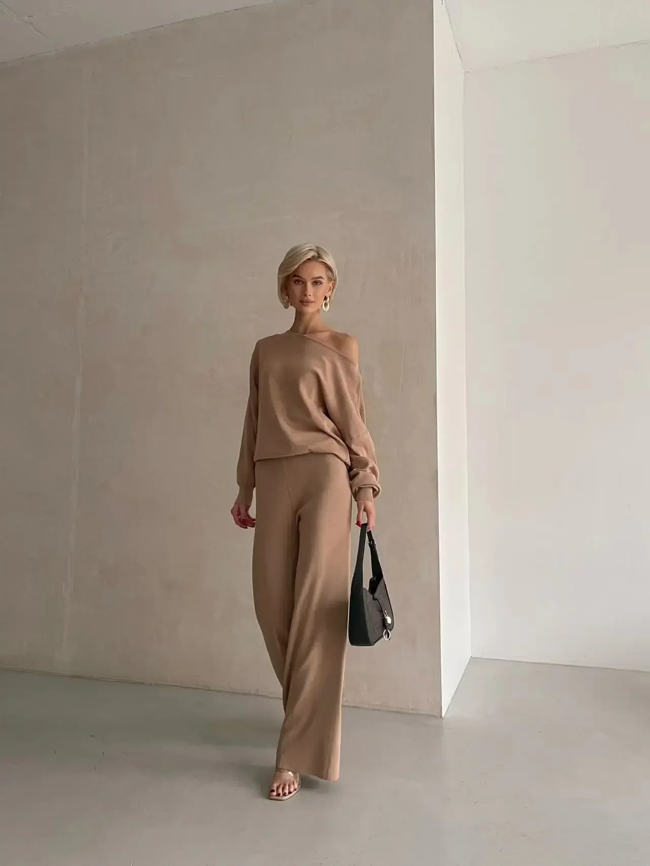 2024 Autumn One Shoulder Sexy Knit Two Piece Set Casual 2 Tracksuit Women Knitted Pants Suit and Top Matching Sets y241223