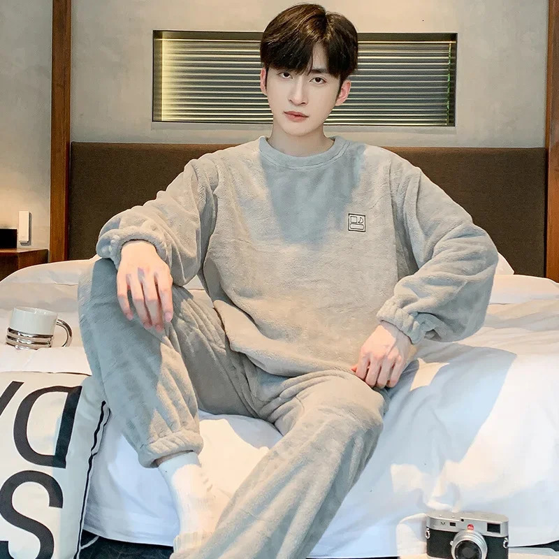 Soft Coral Fleece Pajamas Suit Men Winter Thickened Warm Flannel Homewear Male Autumn Fashion Thermal Loungewear Gents 250103