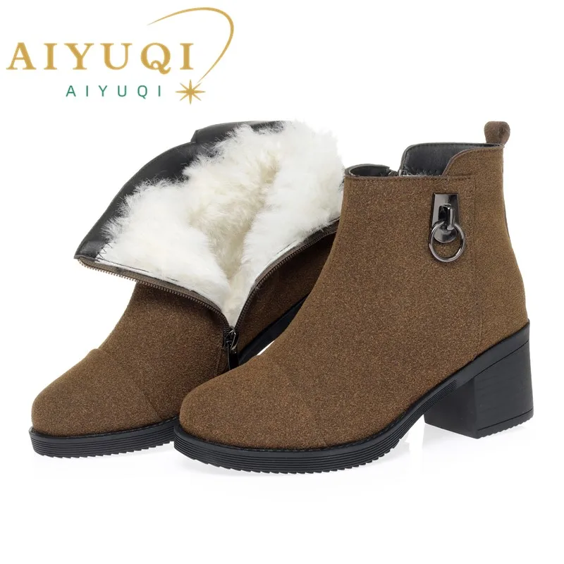AIYUQI Women Ankle Boots Winter Genuine Leather Wool Boots Women Large Size High Heels Warm Fashion Boots Ladies