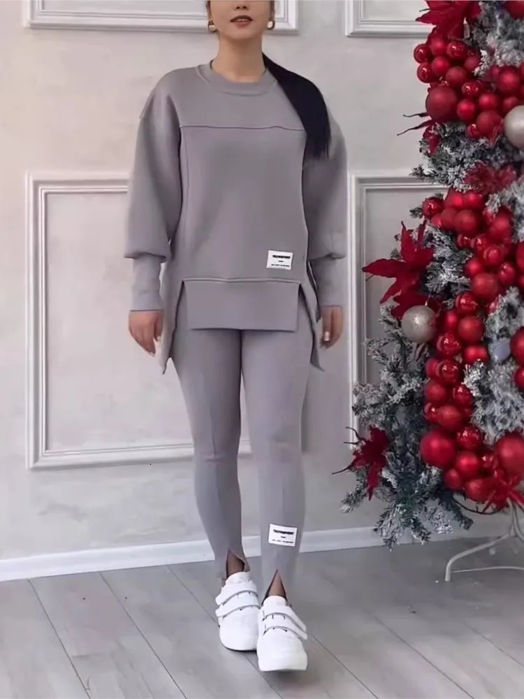Womens casual sportswear set for autumn and winter fashion solid loose irregular sportswear top and ultra-thin Trouser two-piece set 241230