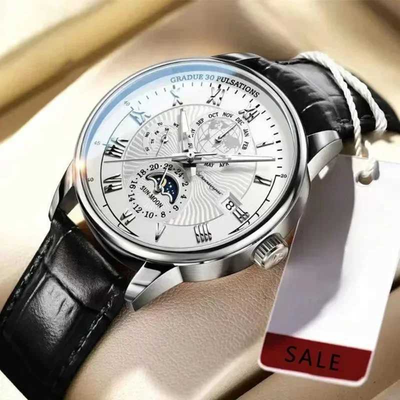Luxury mens waterproof timing moon phase pattern illuminated mens wrist PU leather mens quartz es casual clock W250104