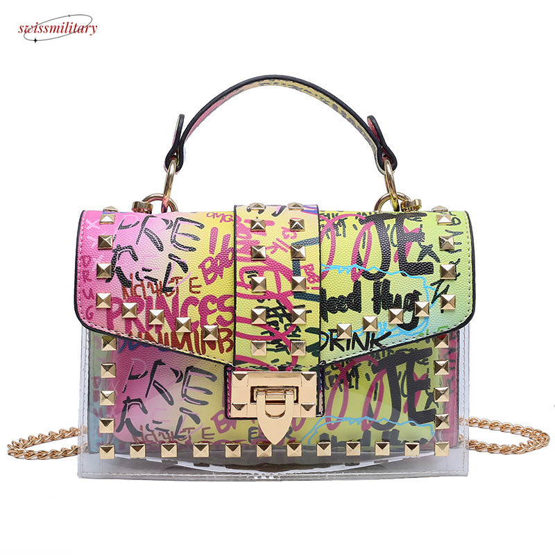 Bag girl funny graffiti letter small square Fu Shang shoulder transparent jelly chain crossbody bag #31 swissmilitary