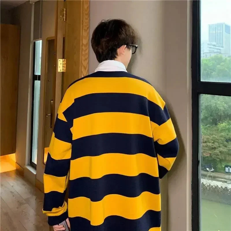 Mens polo shirt white sportswear mens clothing striped top long sleeved social F Xl fashion trend quotation complete Y2k 250103