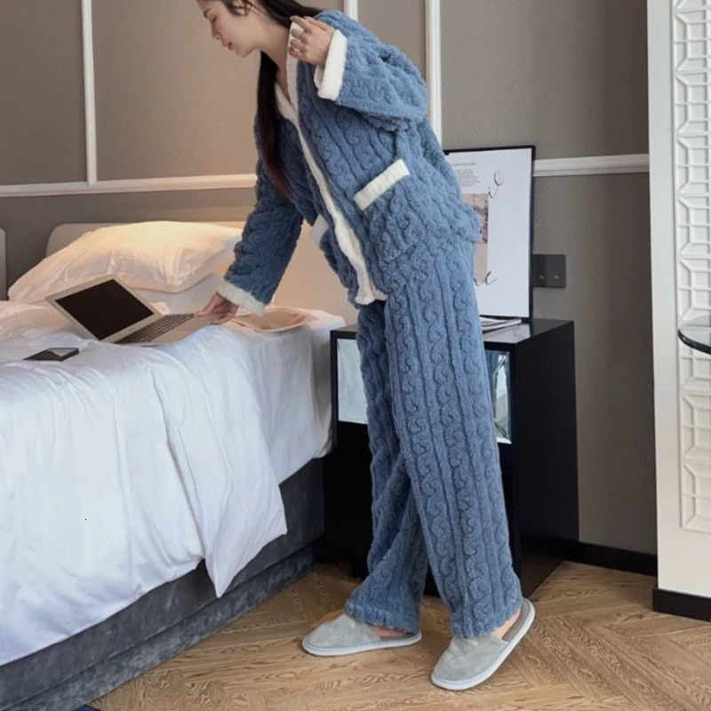 2pcsSet Autumn and Winter Pajamas Women Thickened Padded Warm Students Coral Girls Clot Velvet Suit Homewear Cardigan Trousers 250103