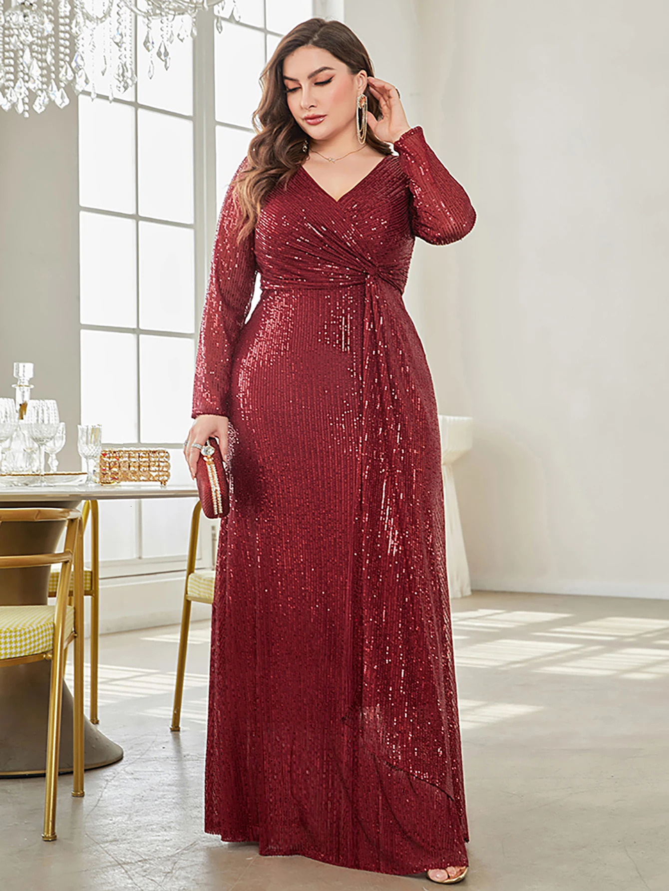 XUIBOLs charming sequined party dress featuring a V-neck and sleeping gown. 250103