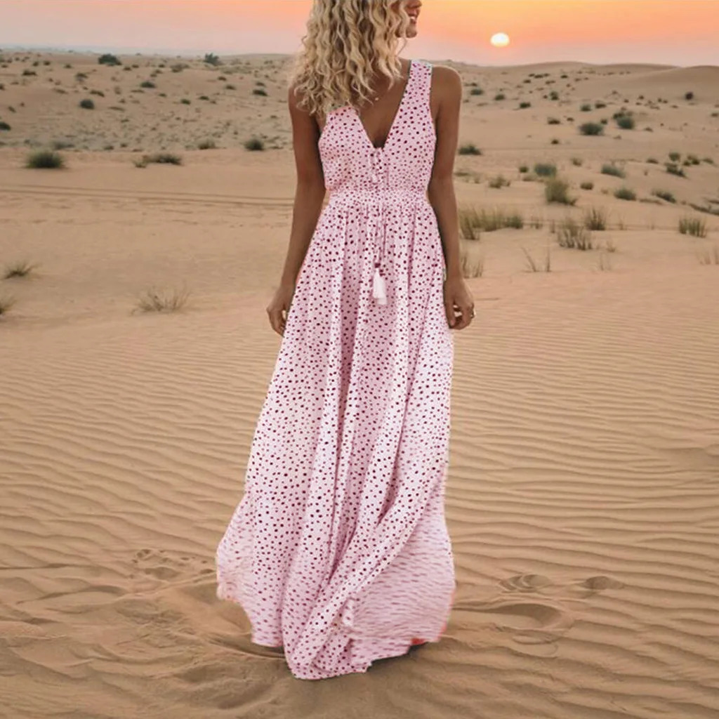 Casual printed fashionable sleeveless vest long dress 2025 summer bohemian V-neck loose A-line dress elegant beach party dress long robe women 250103
