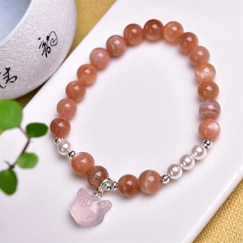 8MM Natural Sunstone Rose Quartz Cat Bracelet For Women Men Love Gift Crystal Beads Strands Jewelry Gift 1PCS 250102