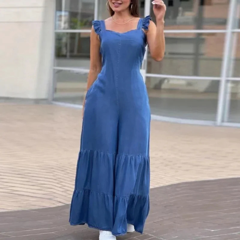 Women Solid Denim Jumpsuits Spring V Neck High Waist Straight Playsuits Summer Backless Wide Leg Pleated Pants Rompers 250103