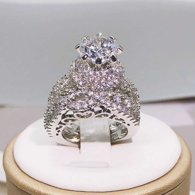 925 Silver Tren Milangirl White Crystal Round Ring 2 pcs Set For Women Girls Wedding Engagement Party Fashion JewelryXJ250104