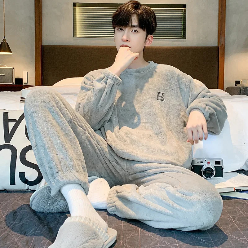 Soft Coral Fleece Pajamas Suit Men Winter Thickened Warm Flannel Homewear Male Autumn Fashion Thermal Loungewear Gents 250103