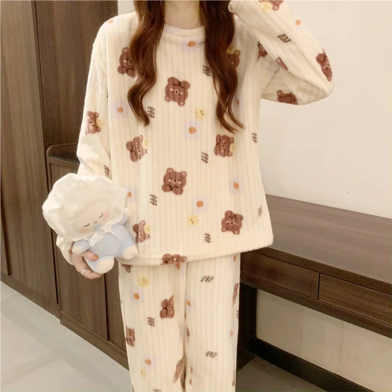 Winter Womens Pajamas Homewear Suit Coral Fleece Warm Set of Fall and Comfortable 250103