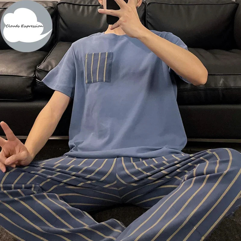 Summer Knitted Plaid Cool Mens Pyjamas Pajamas Casual Pjs Lounge Sets Masculine Sleepwear Nightwear Pijamas 3XL Homewear Fashion 250103