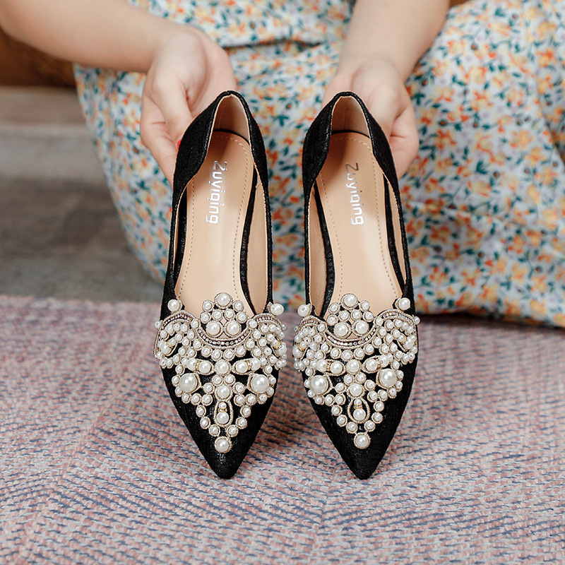 Spring Autumn New Large Women's Shoes Lace Pearl Wedding Footwear Casual Pointed Mary Jane Comfort Fashion Ladies Shoes
