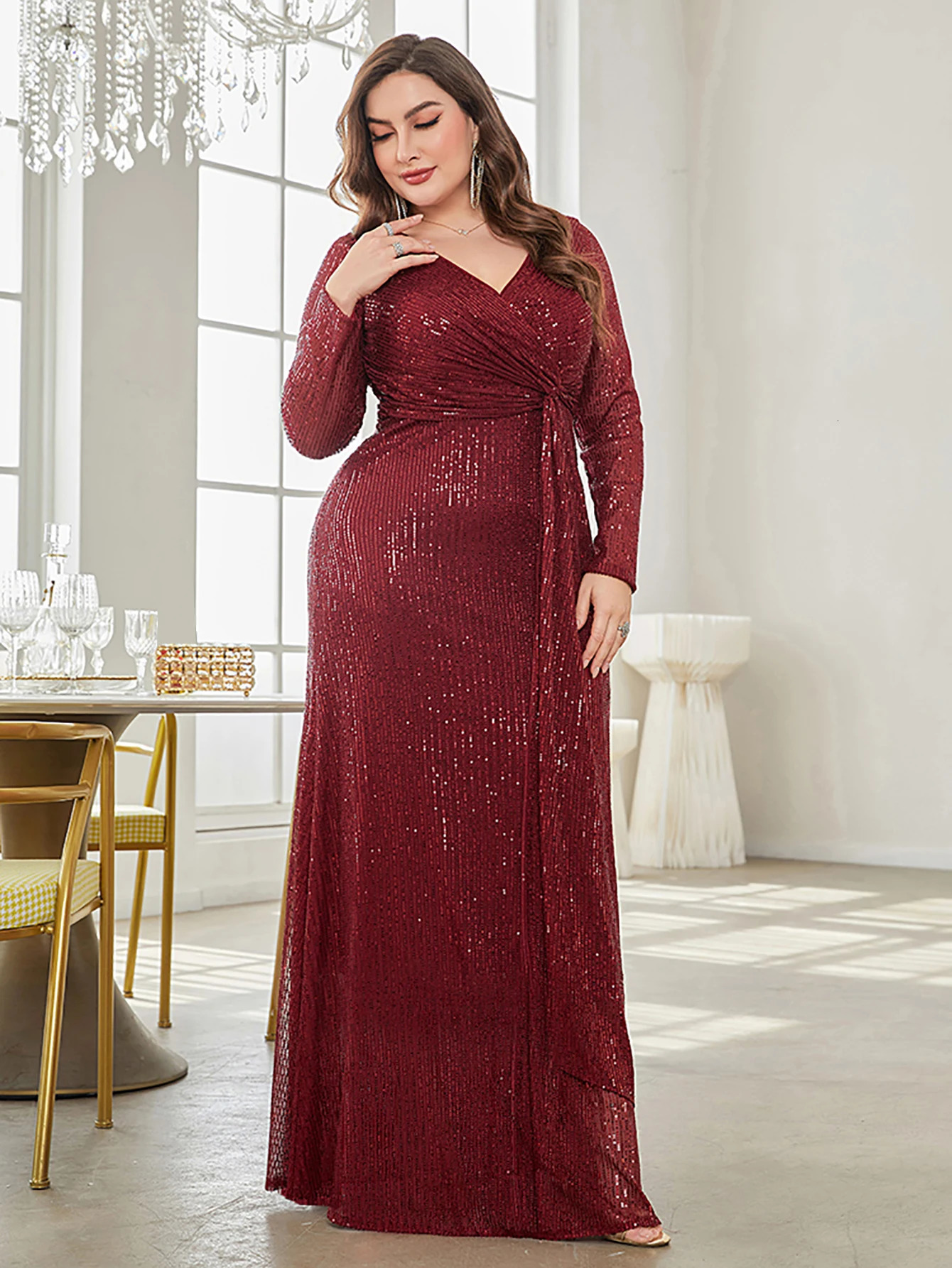 XUIBOLs charming sequined party dress featuring a V-neck and sleeping gown. 250103
