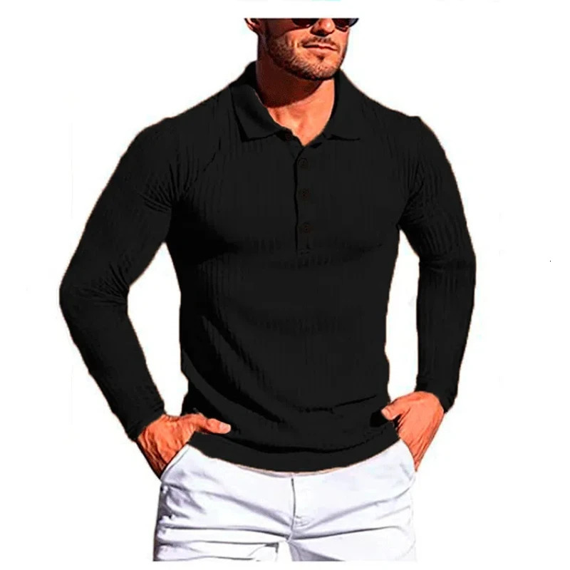 Mens Running Polo Shirt Summer Retro High Street High Elasticity Tees Vertical Stripe Long Sleeve Ultra Thin Knitted Top 250103