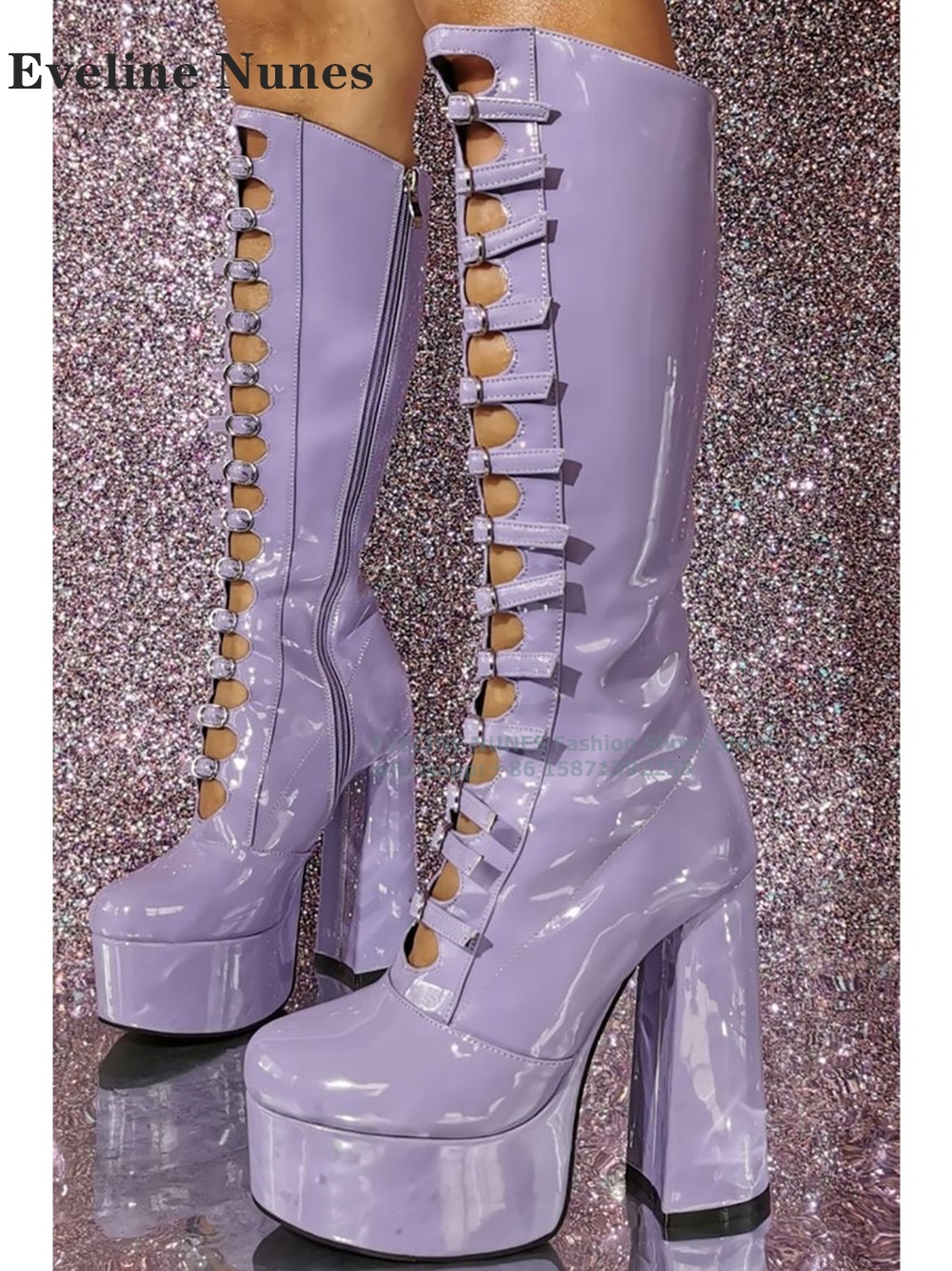 Platform Buckle Strap Sexy Blue Gladiator Round Toe Height Increasing Hollow Out Zipper Closure Knee-High Boots Plus Size 2024