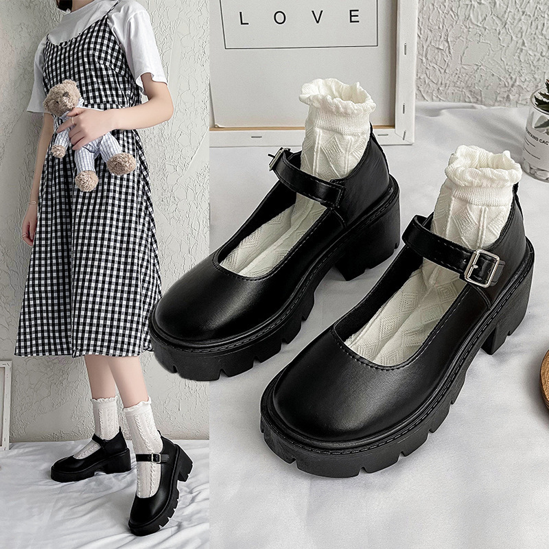 Toe Ddmywed Round Thick Heel Button Casual Small Leather For Women S Summer New British Style Student Shallow Cut Low Top Single Shoes Chinese Brand F