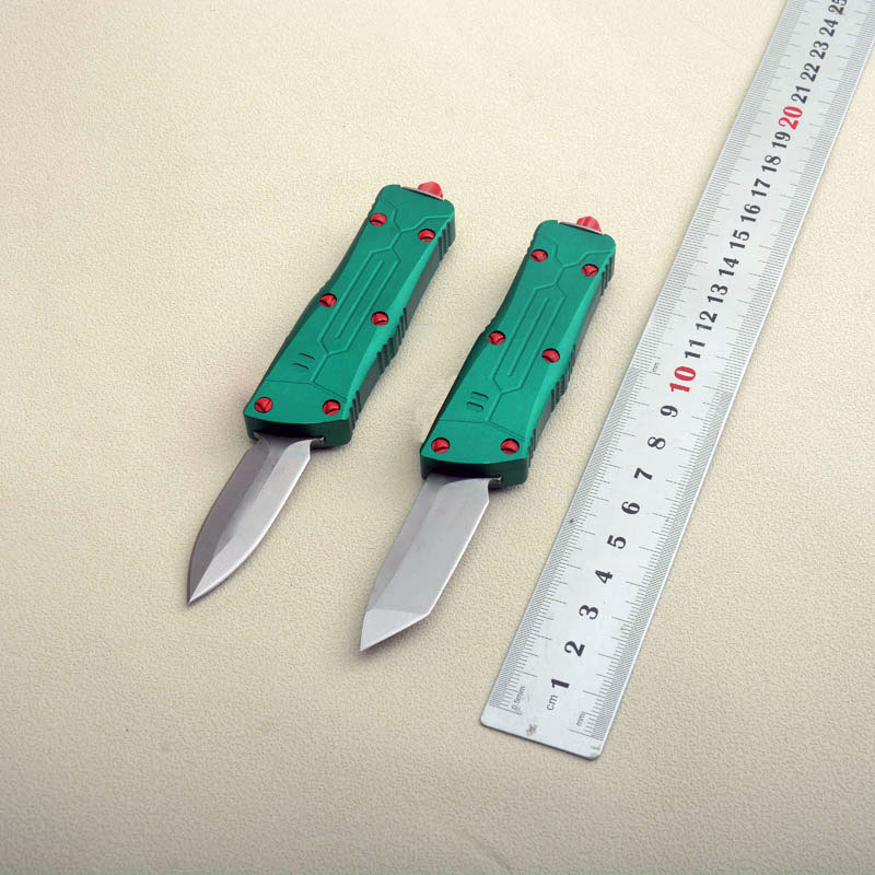 High End 7102 Small Tactical Knife D2 Satin Blade Green CNC 6061-T6 Aviation Aluminum Handle Outdoor EDC Pocket Gift Knives with Nylon Bag and Repair 