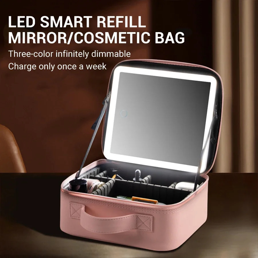 LED Lighted Travel Makeup Bag with Mirror Portable Waterproof Makeup Organizer Cosmetic Case Birthday Gift for Girls Women 250103