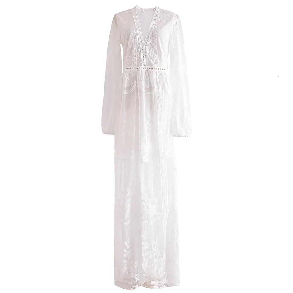 Happy Queen Retro Womens V-neck Long sleeved Ruffle Bohemian Beach Long Dress Womens Chiffon Lace Hollow Bohemian Dress 250103