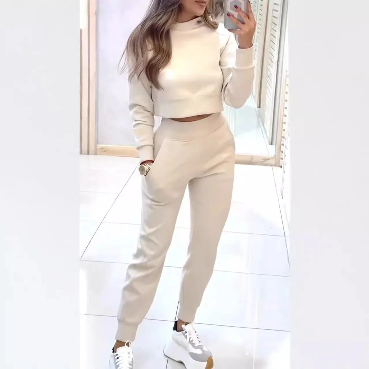 Fashion long sleeved half neck short top9-point pants 2-piece set elegant autumn solid color ultra-thin womens suit 241230