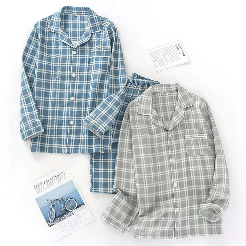 Spring and autumn mens pajamas longsleeved trousers cotton double gauze lattice large size suit home service 250103