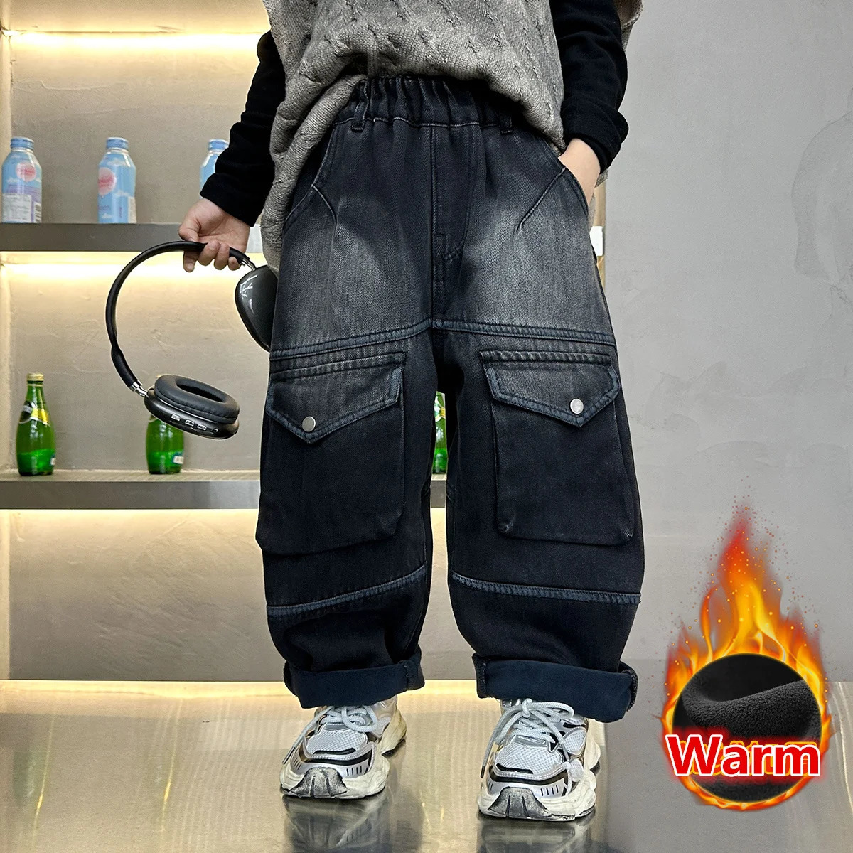Korean Style Kids Boy Winter Corduroy Baggy Jeans Pants With Pocket Child Loose Style Insulated Denim Trousers For Teenager 4-13 250103