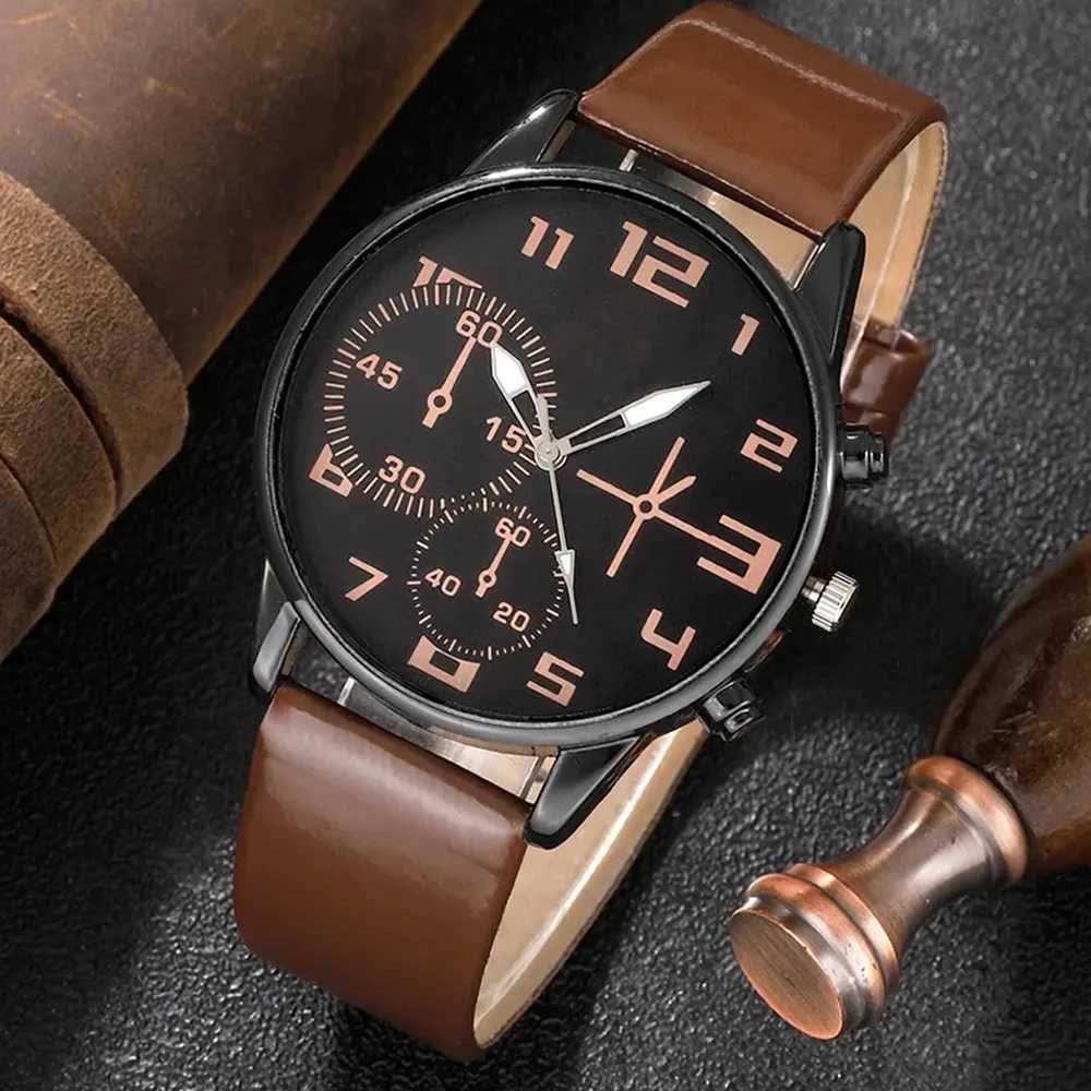 5-piece set of fashionable mens sports bracelet mens retro large dial quartz wrist classic mens casual brown leather W250104
