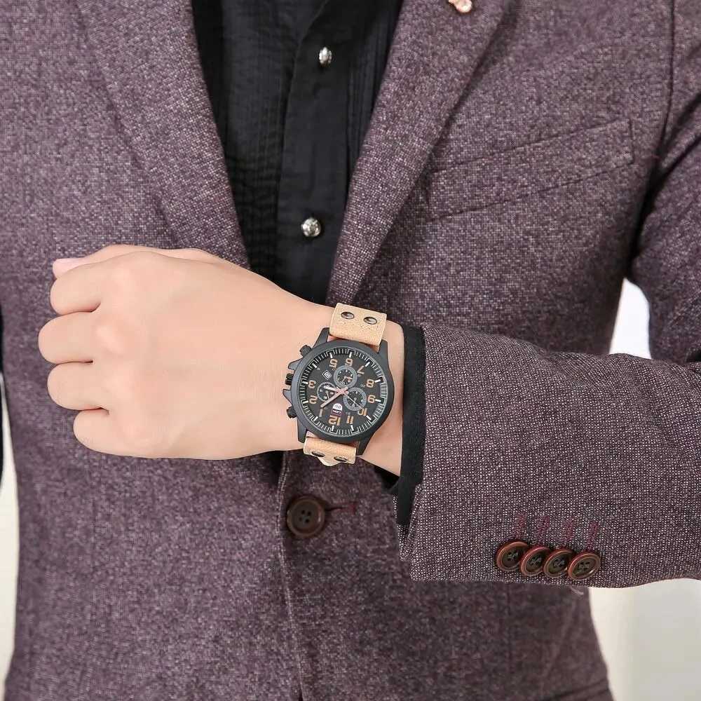 Luxury brand mens leather sports mens military quartz watch mens watch Relogio Masculino Reloj Hombre W250104