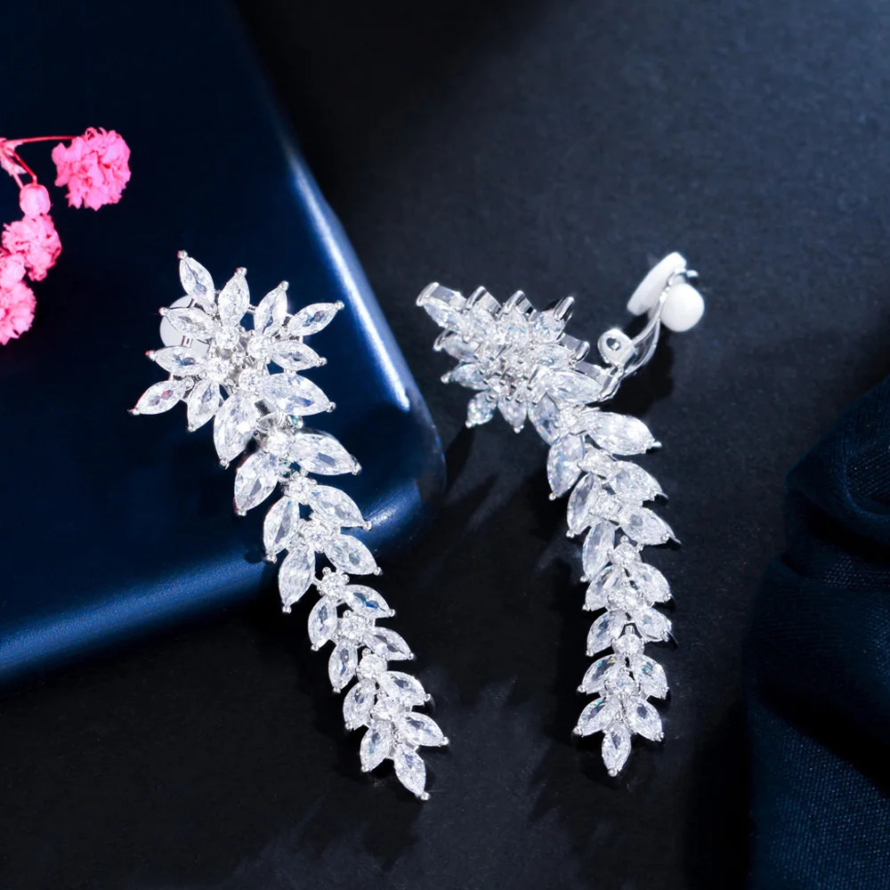 ThreeGraces Japanese n Women Jewelry Sparkly White CZ Stone Long Leaf Drop Clip on Earrings for Non Pierced Ears ER048 250103
