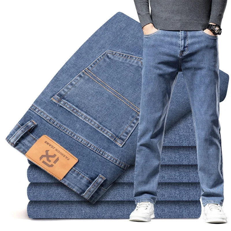Mens Traight Loose Jeans Cotton Business Casual Stretch Denim Pants Male Trousers Clothing Plus Size 42 44 241230
