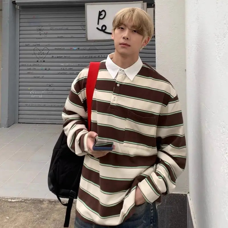 Comparison of American patch work polo shirt mens loose spring and autumn Korean casual retro striped long sleeved T-shirt 241230