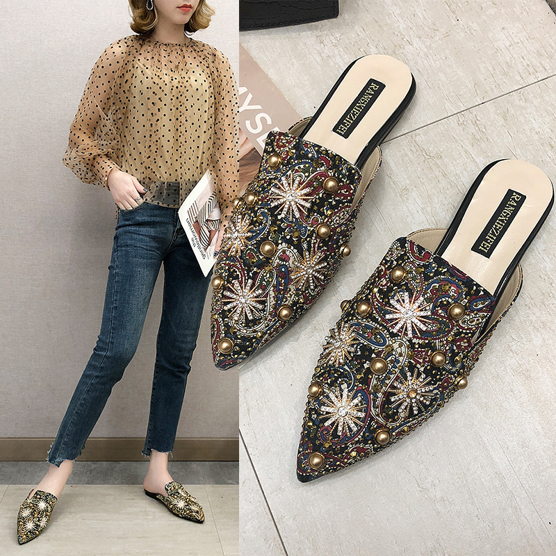 Summer Ddmywed Spring New Sexy Print Hot Drilled Rivet Pearl Pointed Bun Head Graffiti Slippers Chinese Brand Shoes F Ddmysaturn