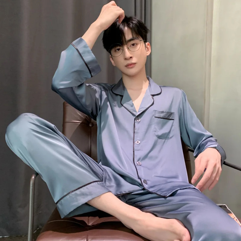 High Quality Pajamas Mens Spring Summer Longsleeved Pyjamas Male Thin Ice Silk Home Clothes Satin Suit Sleepwear Set Nightwear 250103