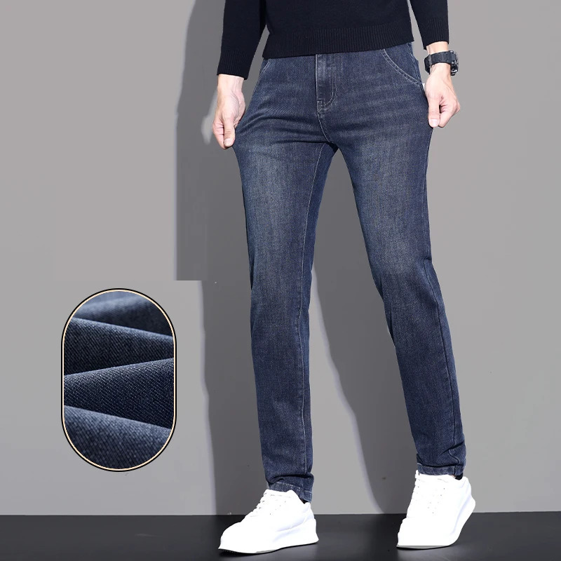 Blue velvet jeans autumn and winter item slim fit small foot elastic mens upper body stylish casual denim pants large size 241230