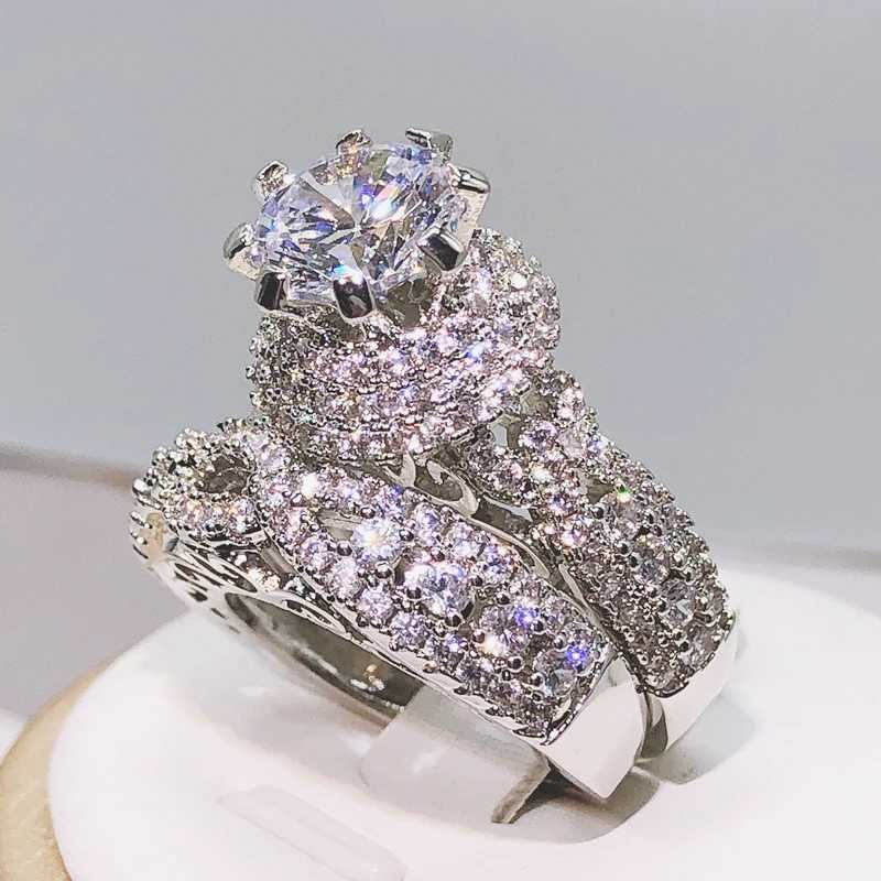 925 Silver Tren Milangirl White Crystal Round Ring 2 pcs Set For Women Girls Wedding Engagement Party Fashion JewelryXJ250104