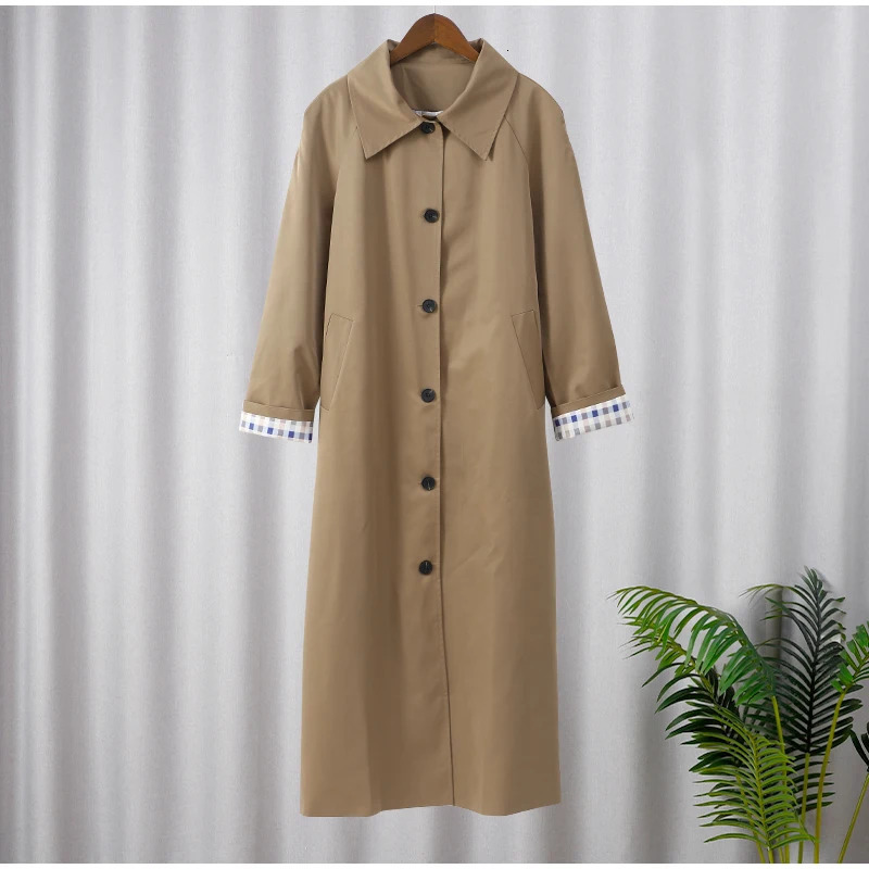 Women Solid Single Breasted Lapel Windbreaker Long Sleeve Plaid Lining Trench Coat 2024 Autumn Chic High Street Overcoat 241224