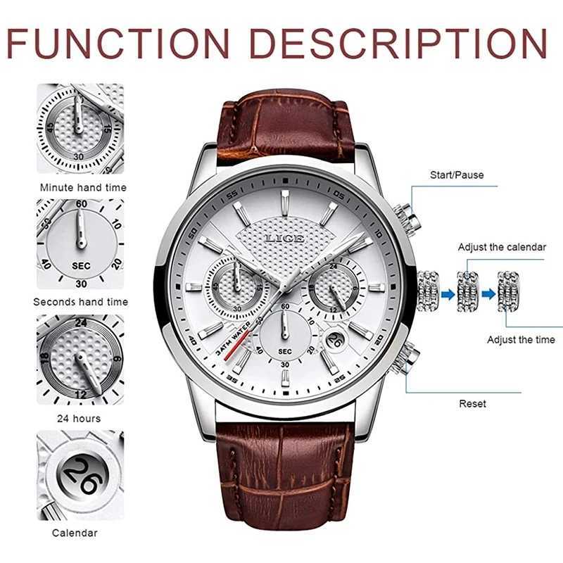 LIGE 2023 Mens Fashion Sports Quartz Watch Mens Top Leather Military Waterproof Date Relogio Masculino W250104
