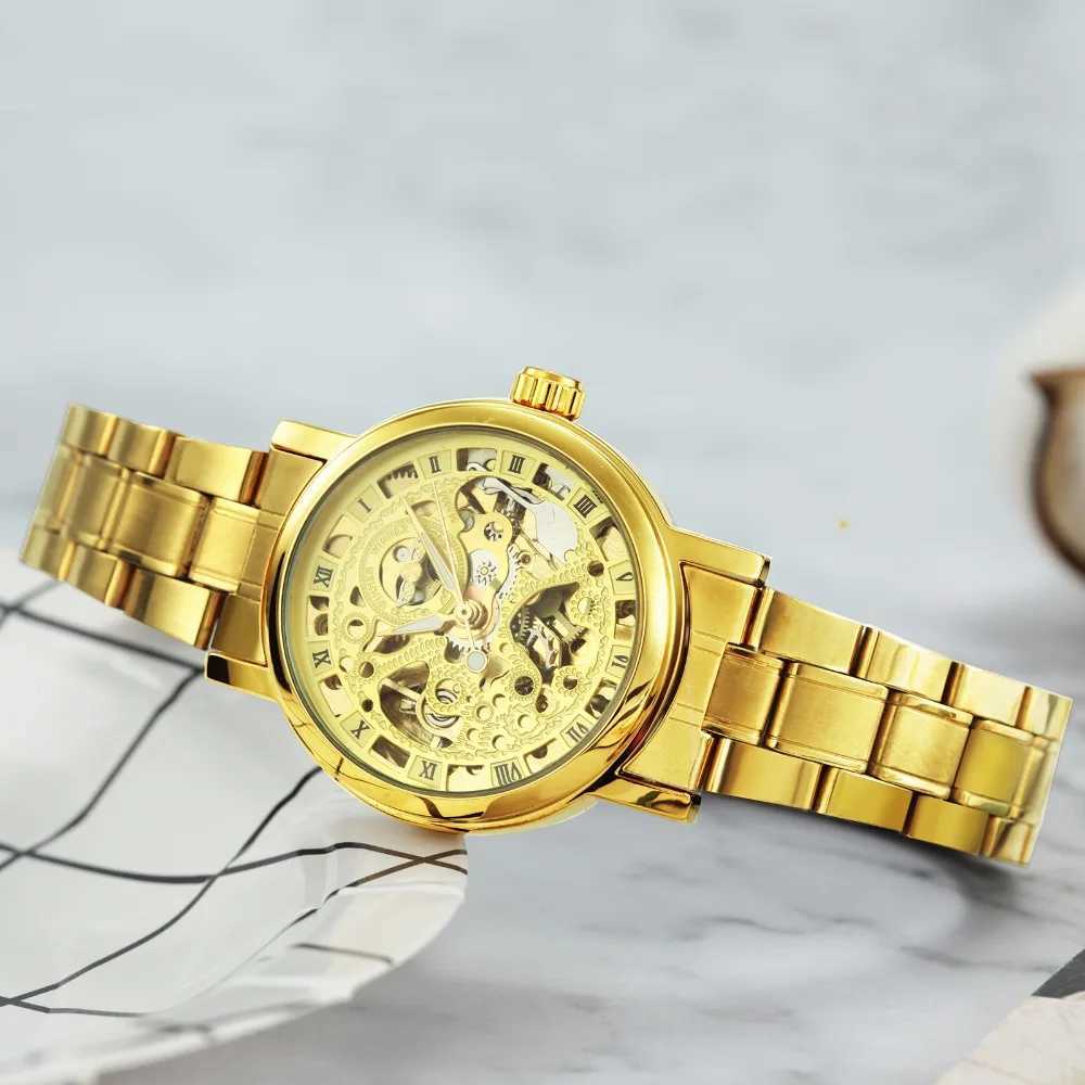 Winner Official Brand Luxury Elegant Womens Skeleton Automatic Mechanical Gold Stainless Steel Womens Watch W250104