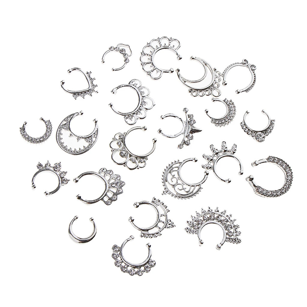 21pcs Nose Septum Ring Clip On Body Jewelry Faux Hoop Ring Rhinestone 250103