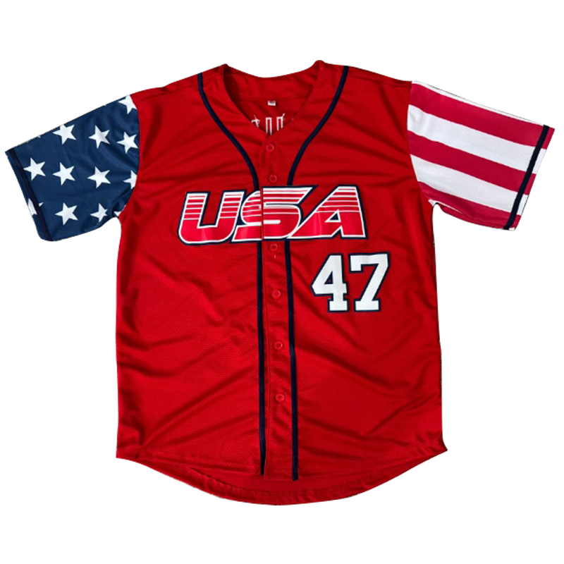 Men's Red 47 Embroidered Baseball Jersey Patriotic V-Neck Button-Up Lightweight Polyester Perfect for Sports Casual & Party Wear