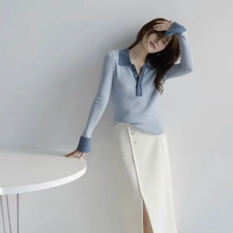 Long sleeved womens T-shirt knitted button womens polo shirt contrasting color T-shirt 250103