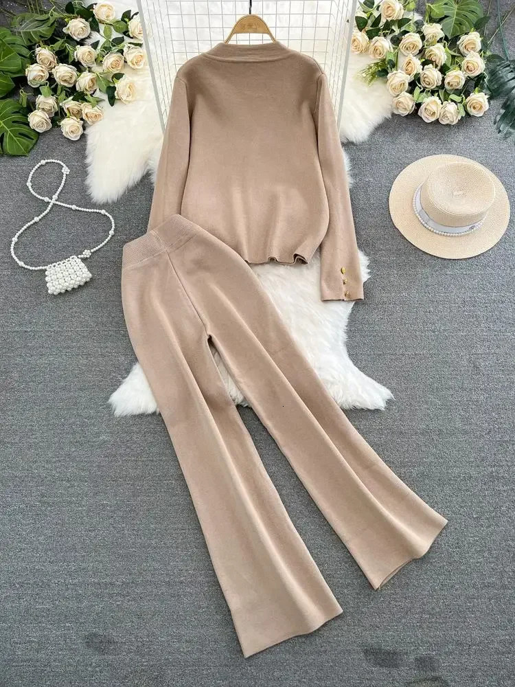 Women Outfits Sweater Two Piece Set Autumn Winter Vneck Single Breasted Knitted Jacket High Waist Straight Leg Wide Pants Suits 241223