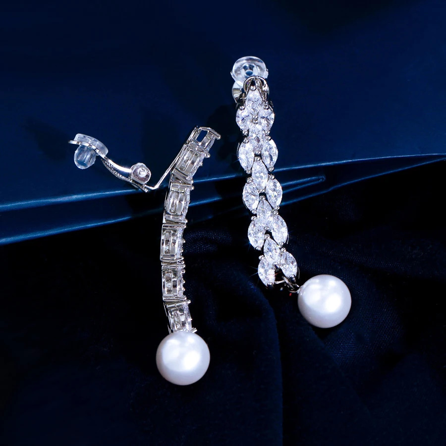 ThreeGraces Brilliant Zirconia Long Simulated Pearl Clip On Earrings for Women No Ear Hole n Bridal Party Jewelry EJ112 250103