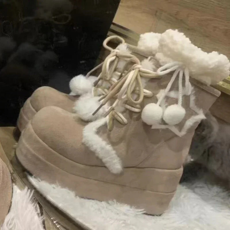 Shoes for Women 2024 High Quality Lace Up Womens Boots Winter Round Toe Plush Fleece for Warmth Middle Barrel Fashion Boots 250103