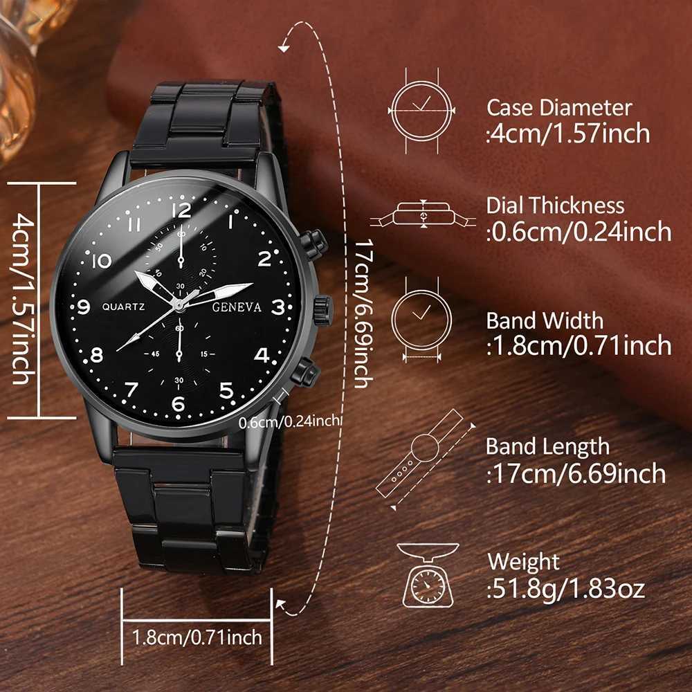 2PCS Mens Black Casual Fashion Three Eye Element Dial Quartz Wrist Leather Str Jewelry Set W250104