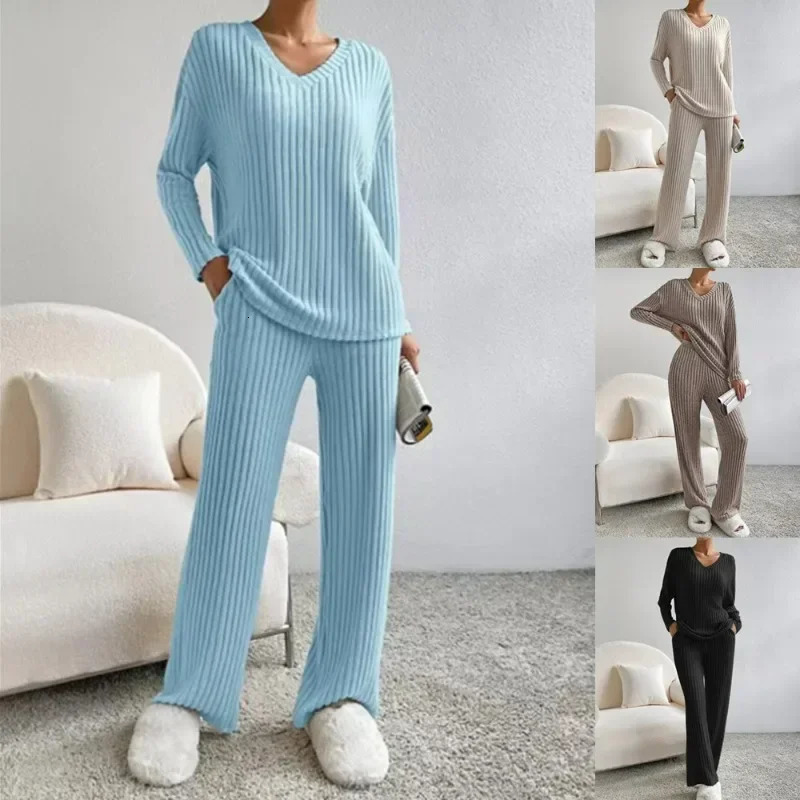 Womens Pajamas Autumn Winter Casual Straight Pants Pullover Sleepwear Loose V Neck Knitted Home Wear Two Piece Loungewear 250103
