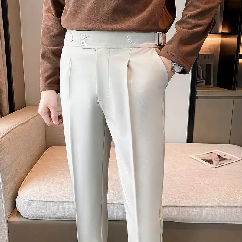 British Style Solid High Waist Draped Trousers Korea Men Formal Blazer Pants Slim Business Casual Suit Pants Hommes 250103