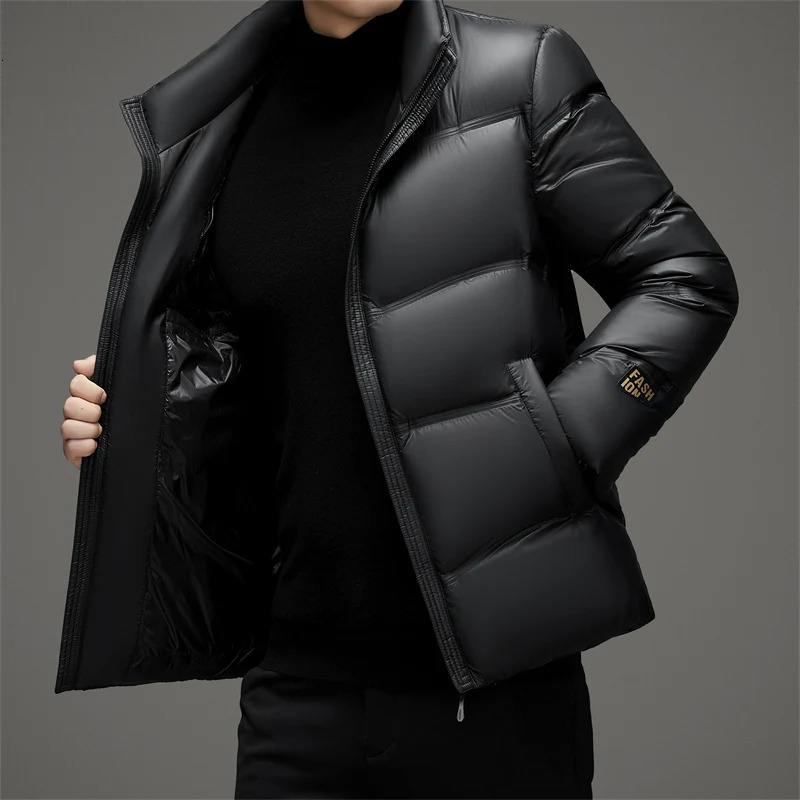 Winter Mens Bright Black Gold Duck Down Jacket with Thickened and Warm Duck Down Content of 90% 250102